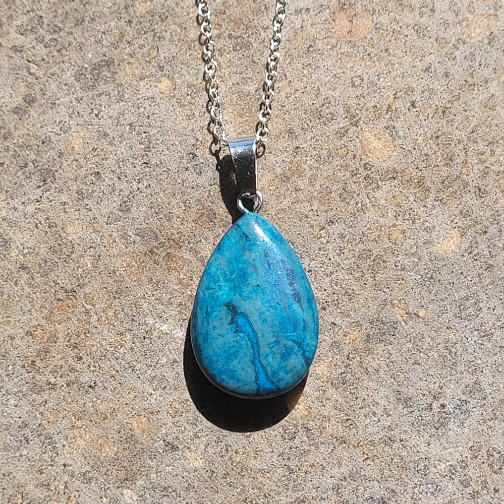 Blue Ocean Jasper Teardrop Stone Sterling Silver Necklace